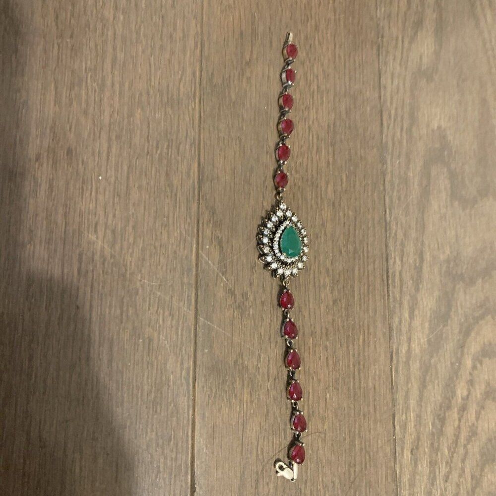 Womens Persian Style Gem Rhinestone Red Green Silver Bracelet